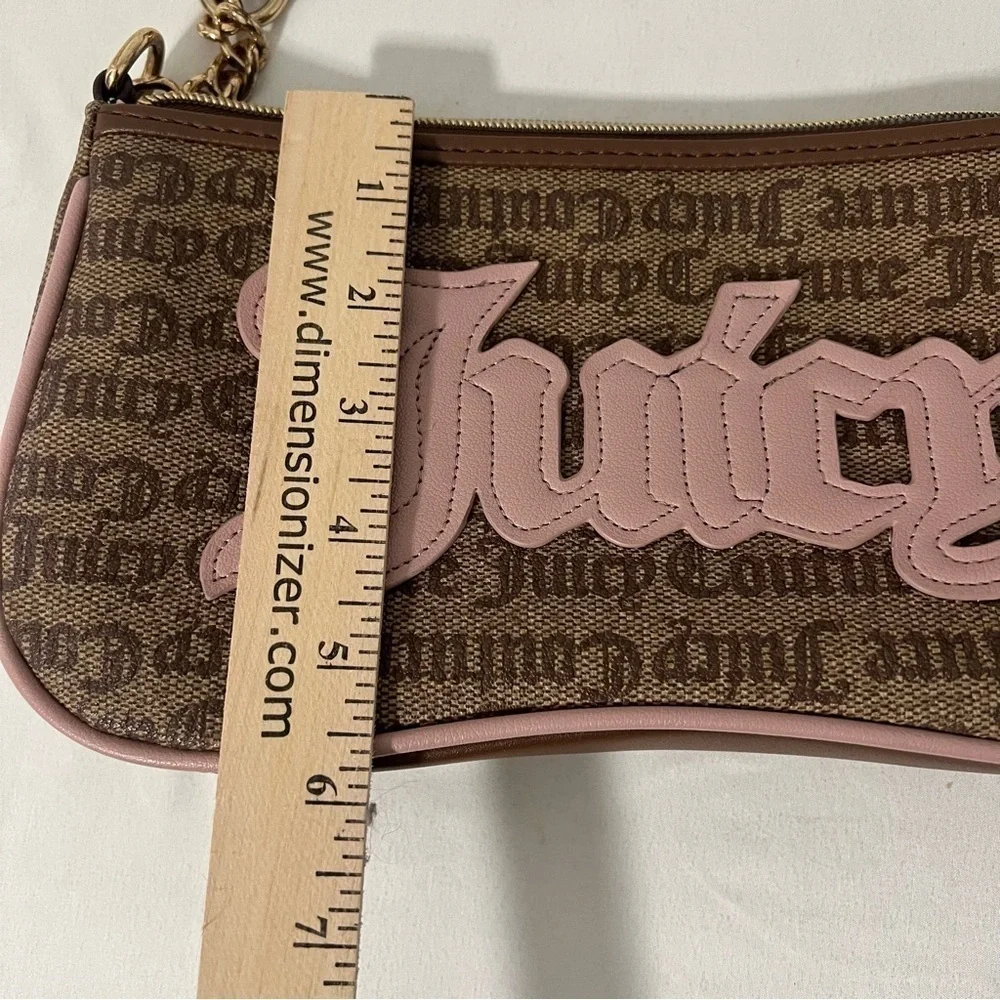 Juicy Couture Women Shoulder Bag Purse Chestnut/Pink Gold Dangle All Over Print